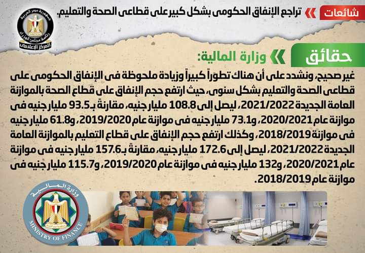 «المالية» توضح حقيقة تراجع الإنفاق الحكومي على قطاعي الصحة والتعليم